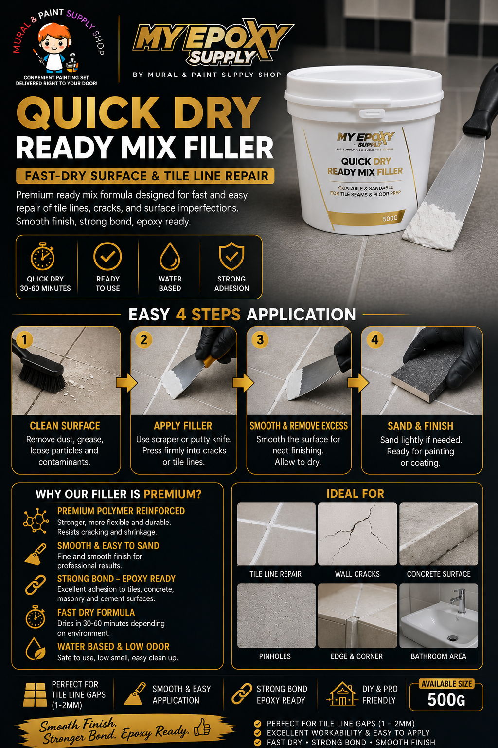 Quick Dry Ready Mix Filler 500g/1.5KG/5KG Pack – Perfect for Tile Lines & Surface Touch-Ups