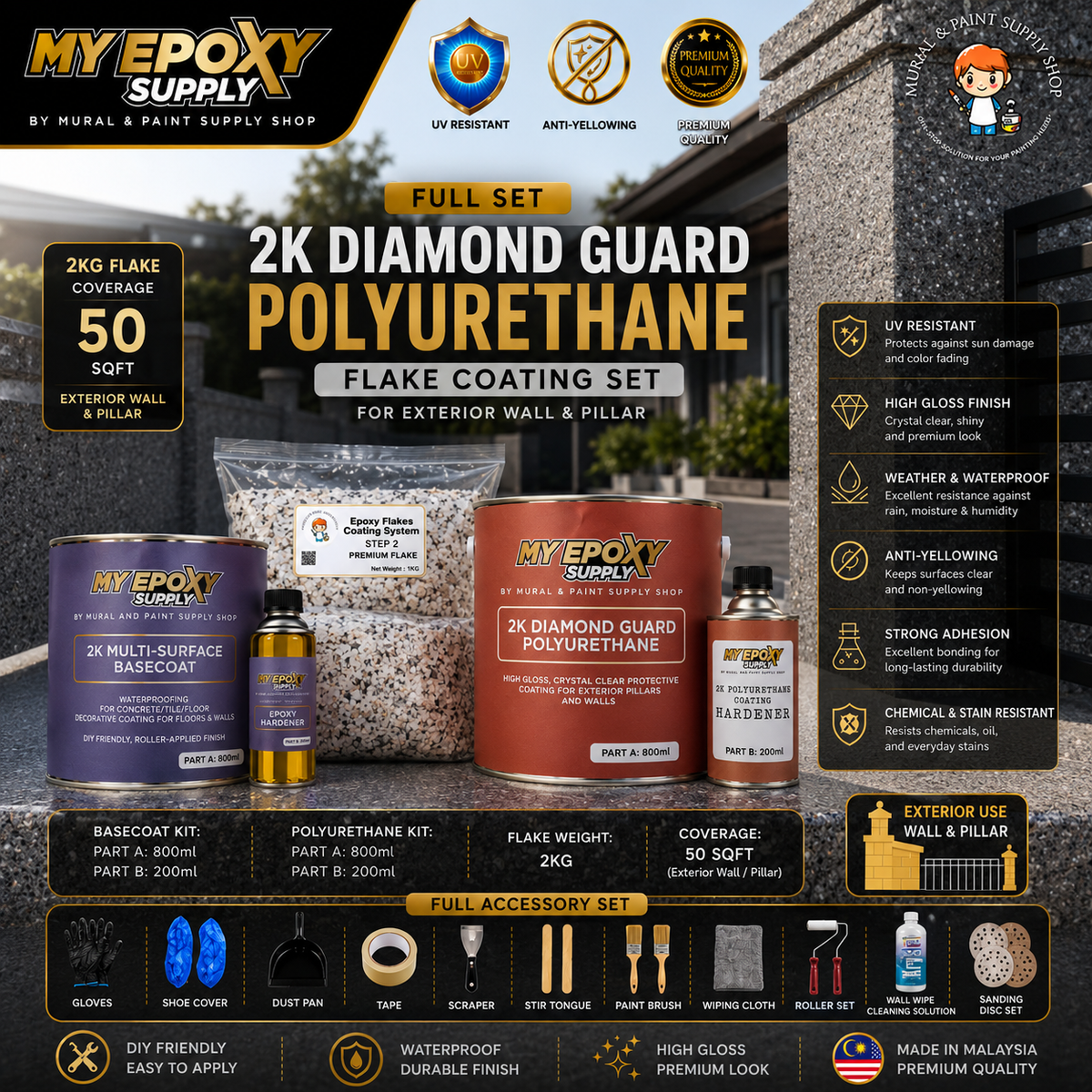 2K Pillar Epoxy Diamond Coating DIY Set | Grey Granite Stone Effect | Exterior Pillar & Wall  柱子钻石彩片DIY套装｜花岗岩效果｜户外柱子