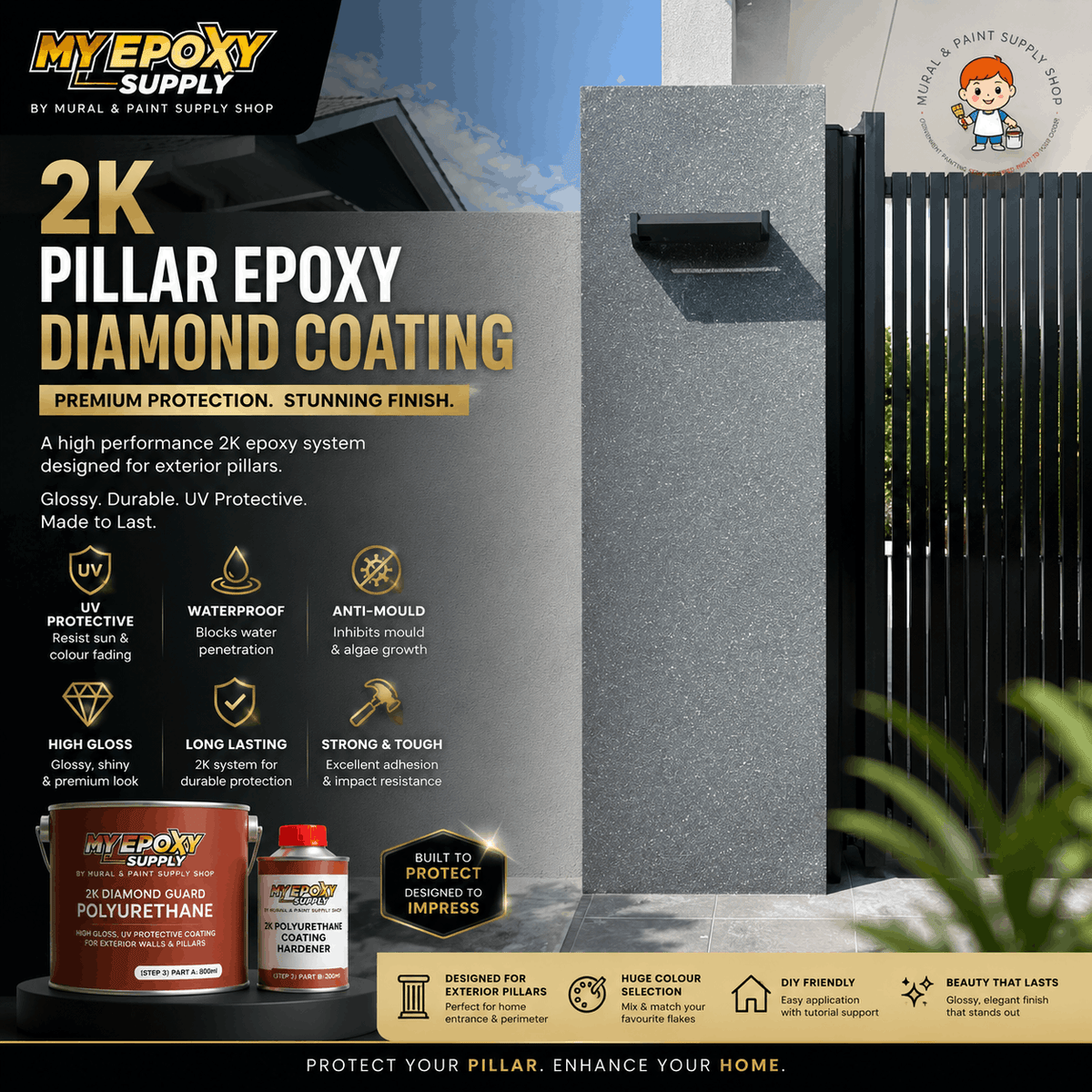 2K Pillar Epoxy Diamond Coating DIY Set | Grey Granite Stone Effect | Exterior Pillar & Wall  柱子钻石彩片DIY套装｜花岗岩效果｜户外柱子