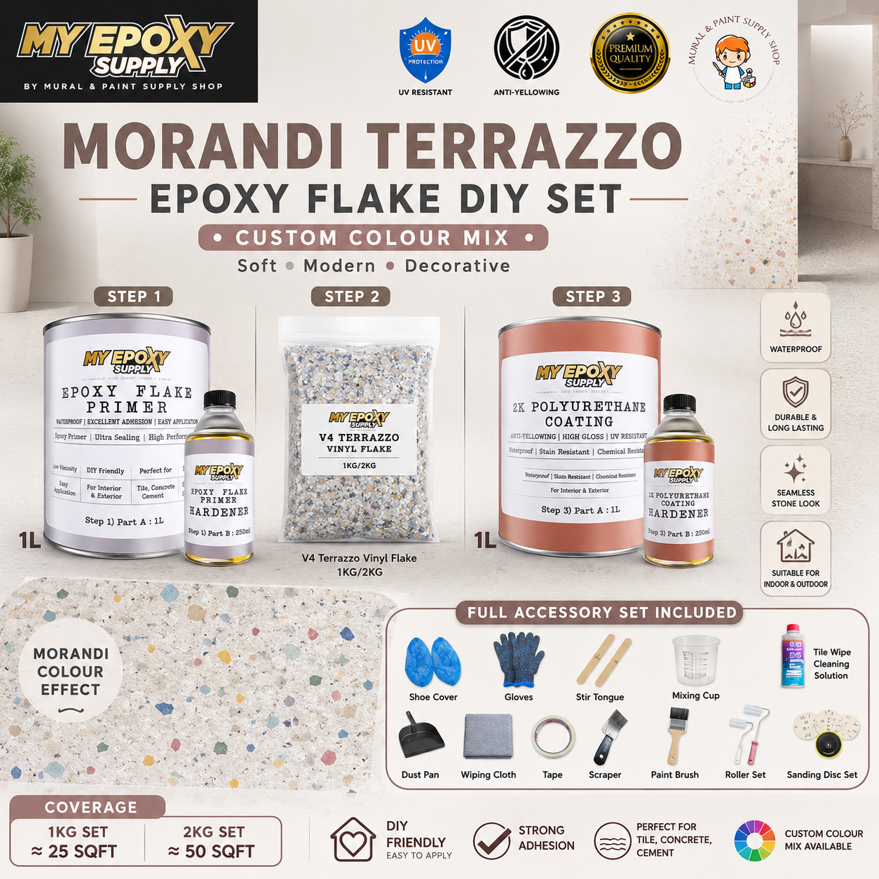 2K Morandi Terrazzo Epoxy Flake DIY Set | Seamless Stone Effect Flooring 莫兰迪水磨石DIY套装｜定制配色｜无缝仿石地面效果